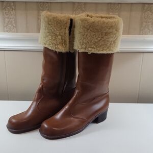 Vintage 1970's SEARS Brown Shearling-Caped Women's Boots, Size 8